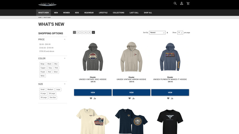 Screenshot of Chrysler's merch store homepage