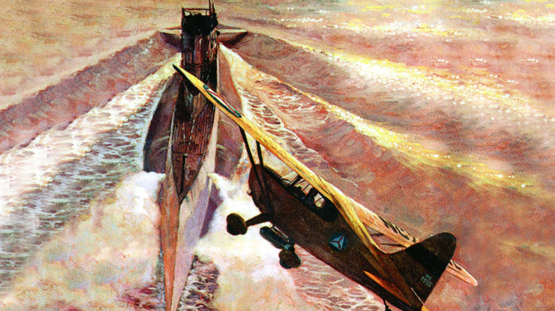 A painting reconstruction of a Civil Air Patrol plane, furnished with explosive ordinance, flying up to a U boat.