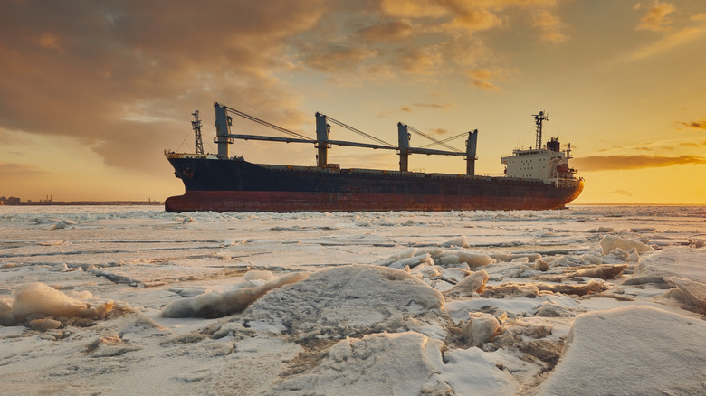 A nuclear-powered Russian ship navigates the icy waters of the Arctic shipping route.