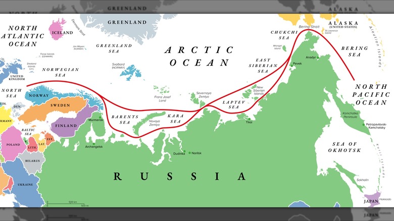 A map of the Northern Sea Route along Russia and the Arctic ocean from the Bering Sea over to the North Sea in Europe.