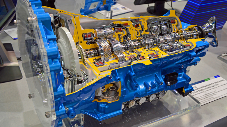 Cutaway of an AISIN AWR10L65 automatic transmission with a blue case