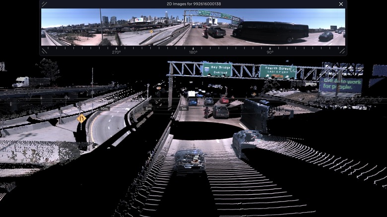 A combined camera and lidar view of a California freeway through Ouster's 