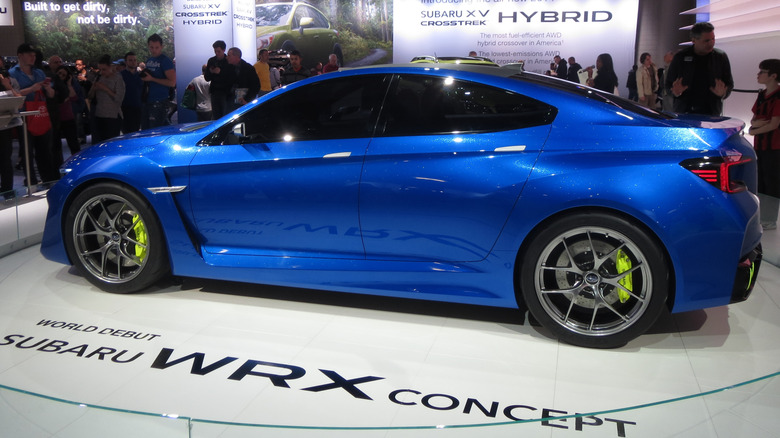 A "Subaru Blue" Subaru WRX Concept at its "world debut" at the New York International Auto Show in 2013.