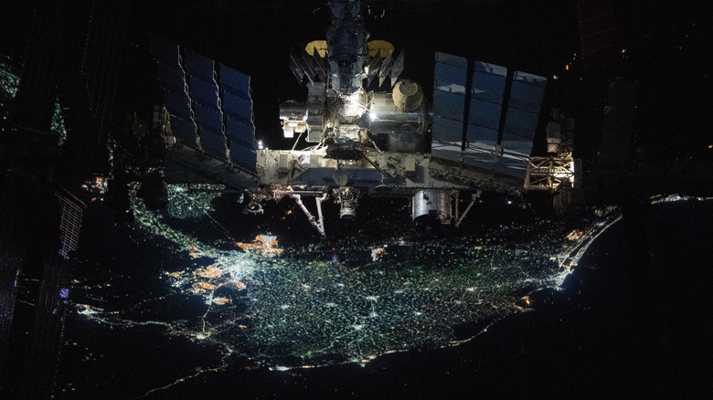 The International Space Station (ISS) over the Nile delta at night