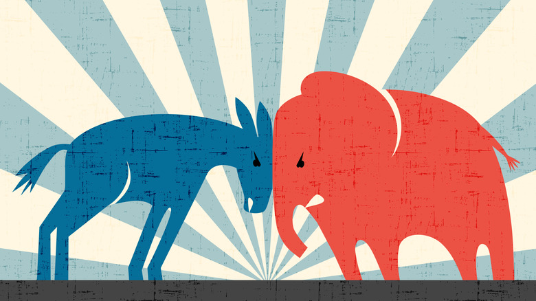 Democrat donkey and Republican elephant butting heads