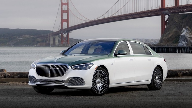 A 2026 Mercedes-Maybach S 680 Edition Emerald Isle with a bridge in the background