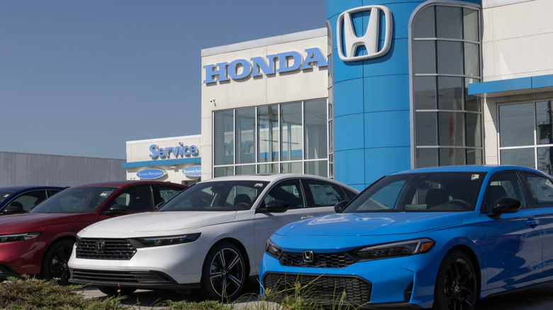 Honda Civic and Accord parked in front of a dealership.