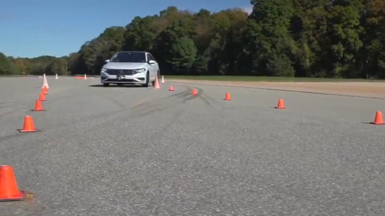 A Volkswagen Jetta cornering hard during one of Consumer Reports' emergency handling tests