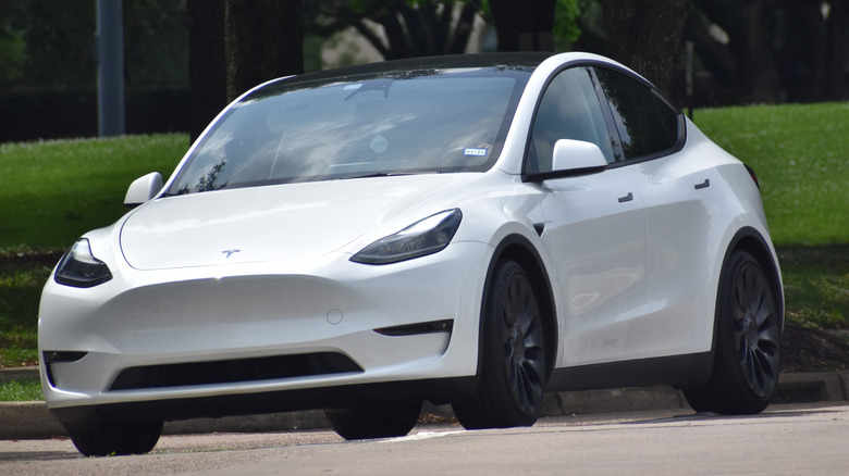 A Tesla Model Y on a suburban road.