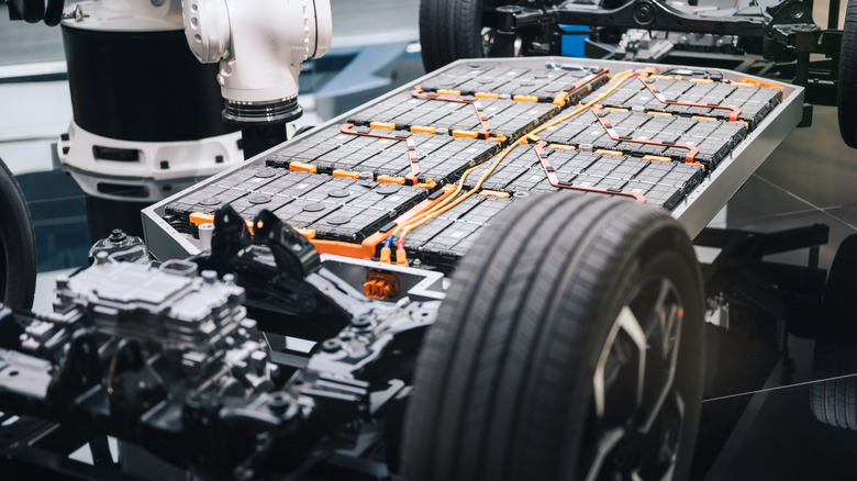 An electric vehicles chassis, showing its complex array of batteries and motors