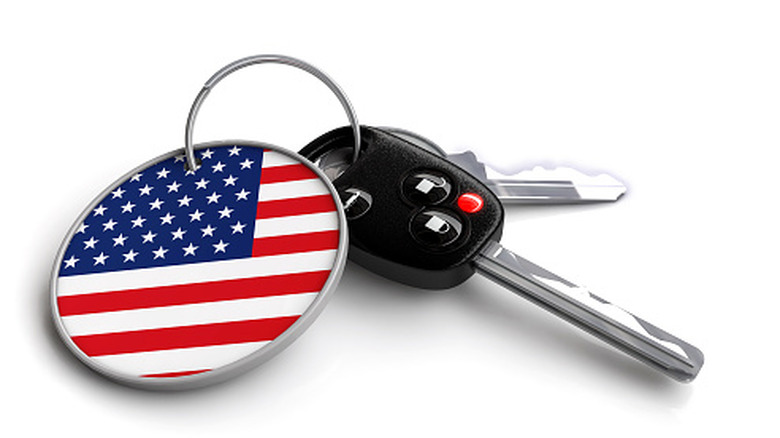 Car keys with fob showing American flag