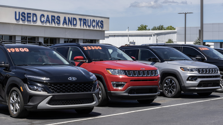 Lineup of used vehicles on dealer lot.