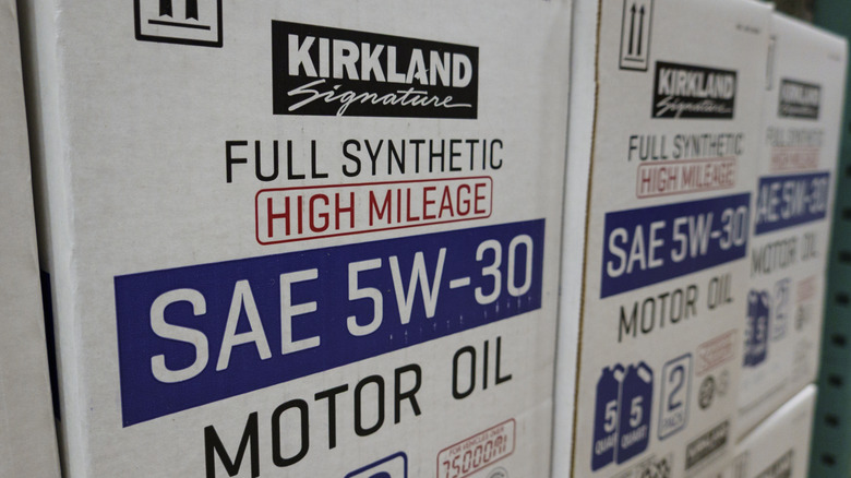 Cases of Kirkland Signature full synthetic motor oil are stacked at a Costco Wholesale store on March 11, 2025 in San Diego, California.