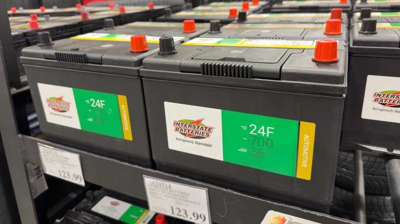Interstate batteries on a shelf at Costco