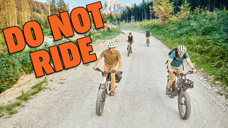 Four riders on electric bikes on a gravel road, captioned DO NOT RIDE