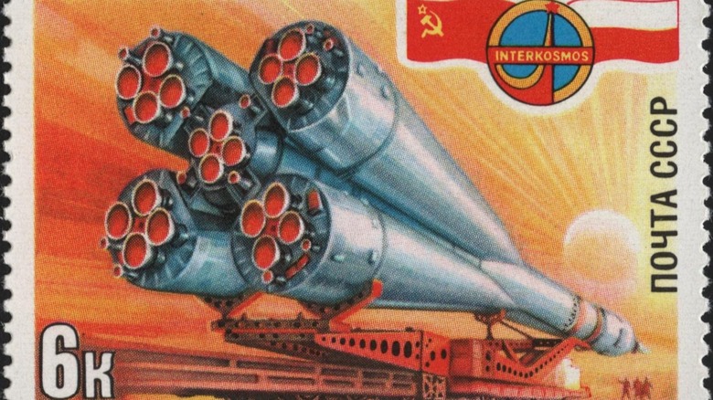 A Soviet stamp of a Soyuz space rocket
