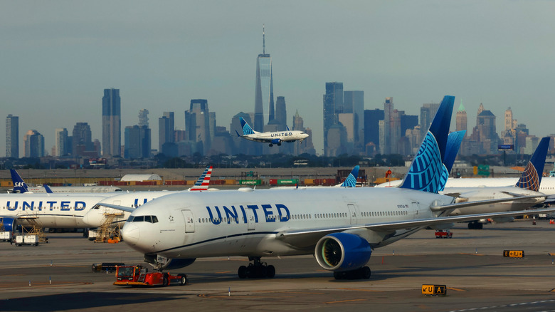 A United Airlines airplane lands at Newark Liberty International Airport in front of the skyline of lower Manhattan and One World Trade Center on August 8, 2026, as seen from Newark, New Jersey.