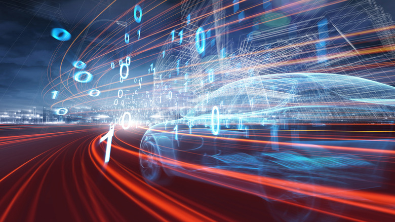 Representation of data bits (1s and 0s) flying around a car