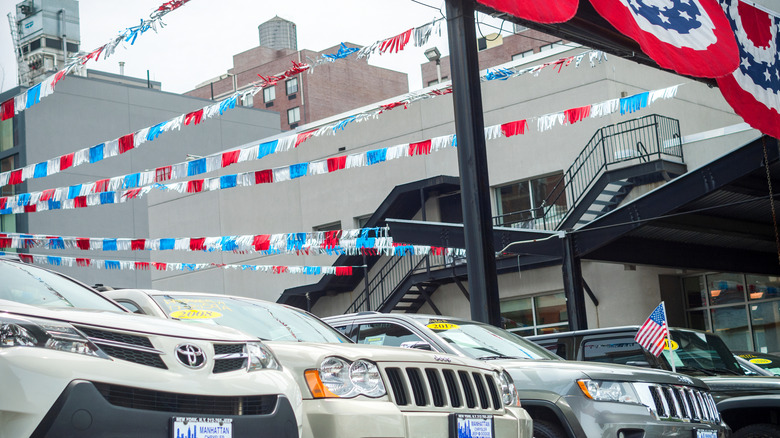 Used cars on display at Manhattan Chrysler Jeep Dodge dealership in New York