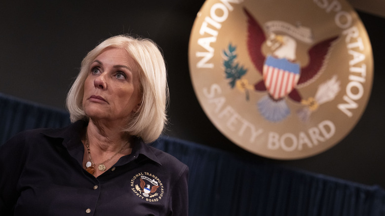 hair of the National Transportation Safety Board (NTSB) Jennifer Homendy speaks to members of the Federal Aviation Administration before the second day of the National Transportation Safety Board (NTSB) Ronald Reagan Washington National Airport Midair Collision Investigative Hearing on July 31, 2025 in Washington, DC.