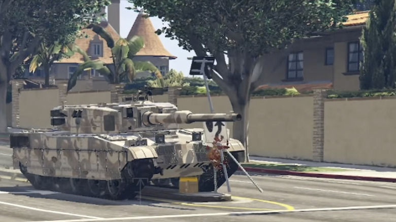 Screenshot from Grand Theft Auto V of a tank running over a Flock camera