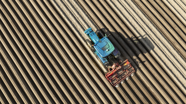 A tractor sows seeds for the upcoming growth season in a farm field.