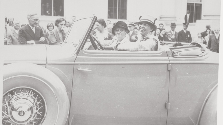 Eleanor Roosevelt and Nancy Cook on an auto tour in a convertible