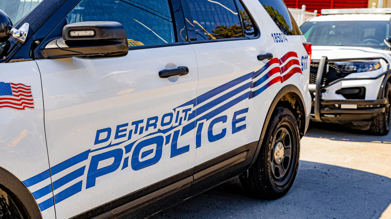 Close-up view of the side of a Detroit police car