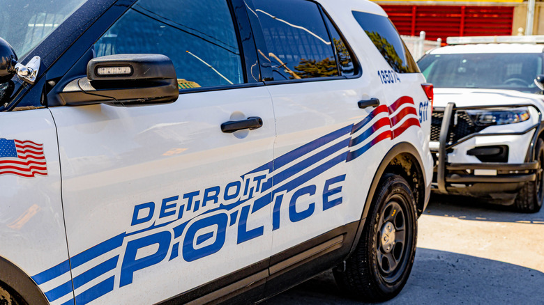 Close-up view of the side of a Detroit police car