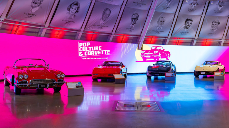 Four Chevrolet Corvettes from different eras, on display in the National Corvette Museum's exhibit "Pop Culture & Corvette: An American Love Affair."