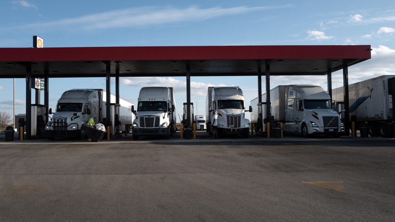 Trucks are filled up with diesel fuel at a truck stop on April 06, 2026 in Belvidere, Illinois.