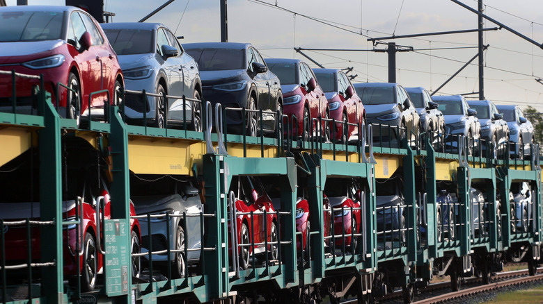 Long freight train carrying new cars from Volkswagen plant near Glauchau in Saxony