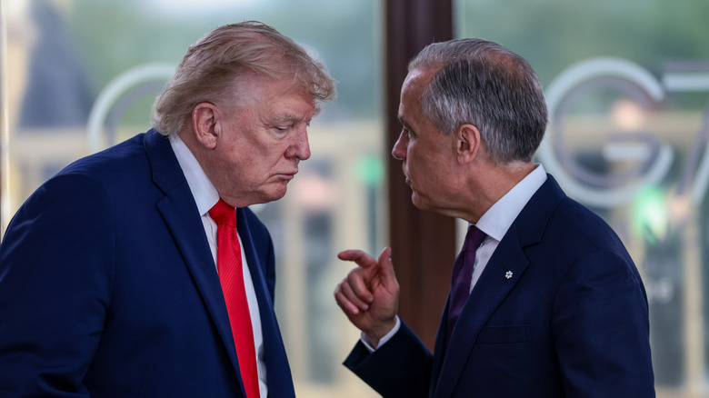 U.S. President Donald Trump speaks with Canadian Prime Minister Mark Carney at a working lunch with leaders of G7 and the Middle East, on June 16, 2026 in Evian-les-Bains, France.