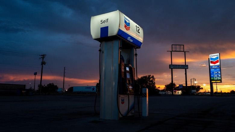 Gas and diesel prices are displayed at a Chevron gas station on August 14, 2026 in Fort Stockton, Texas.