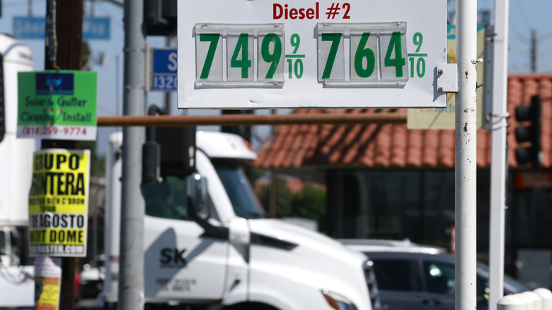 Diesel prices over $7 a gallon are displayed on a pump at a gas station on August 21, 2026 in Los Angeles, California.