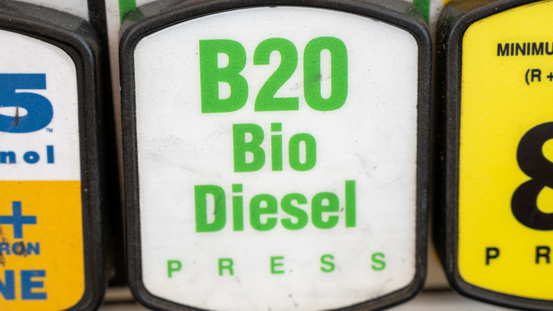 A close up image of a B20 biodiesel button on a gas pump