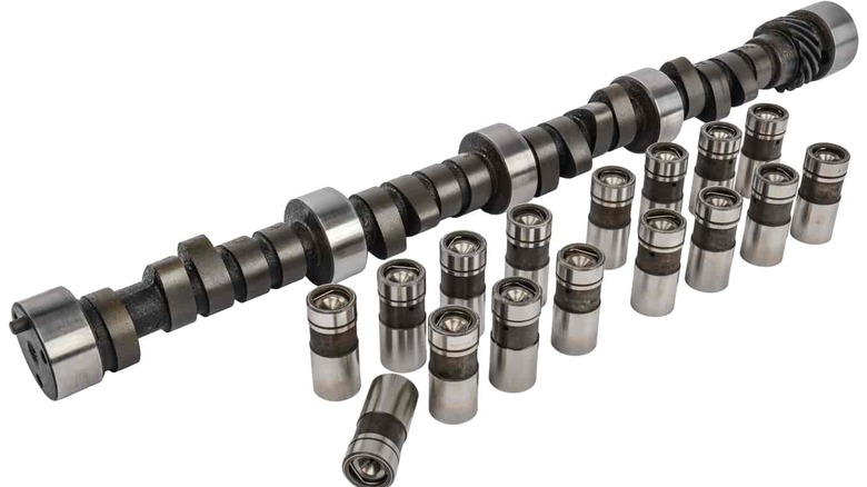 A flat-tappet camshaft with its accompanying tappets, or, lifters, which are a hydraulic design.