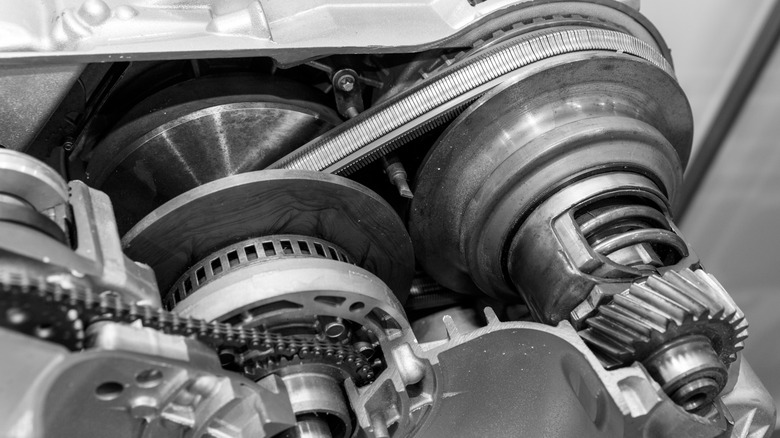 A cutaway image of a CVT transmission