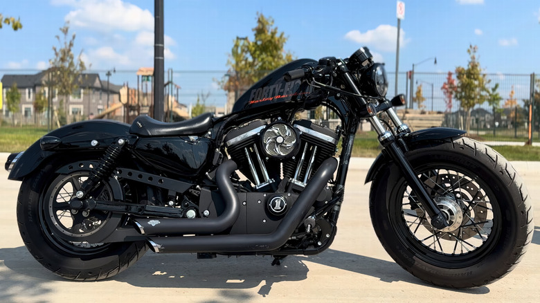 Side view of a customized Harley-Davidson with Vance&Hines exhaust