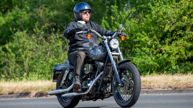 A motorcycle rider driving connected a road successful a Harley-Davidson Low Rider Dyna