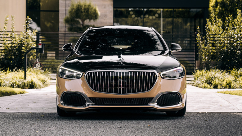 A front-end view of a two-tone Mercedes Maybach S680 S-Class.
