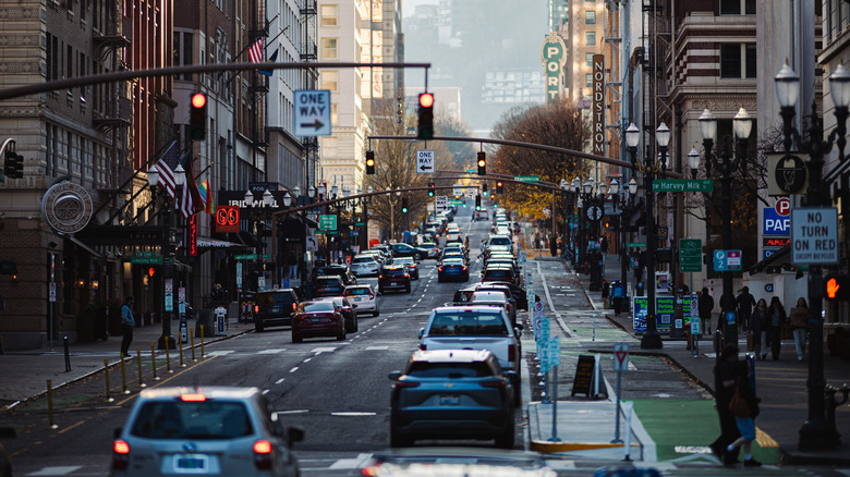 A downtown Portland one-way street with traffic