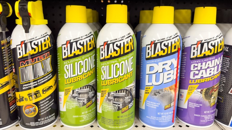 A selection of spray lubricants on a store shelf.