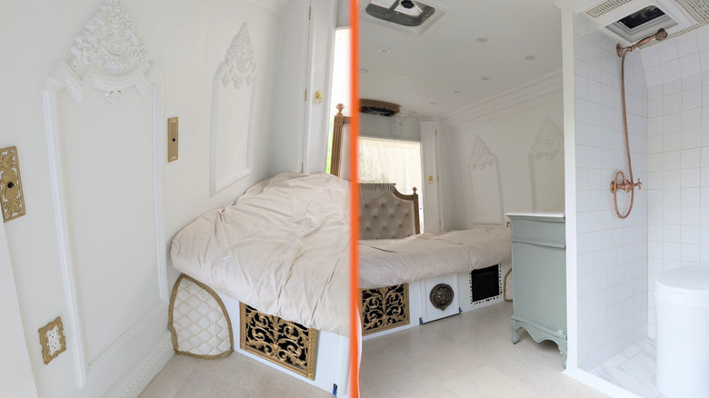 Split image of an ornate gold decorated bedroom and an ornate gold decorated bathroom