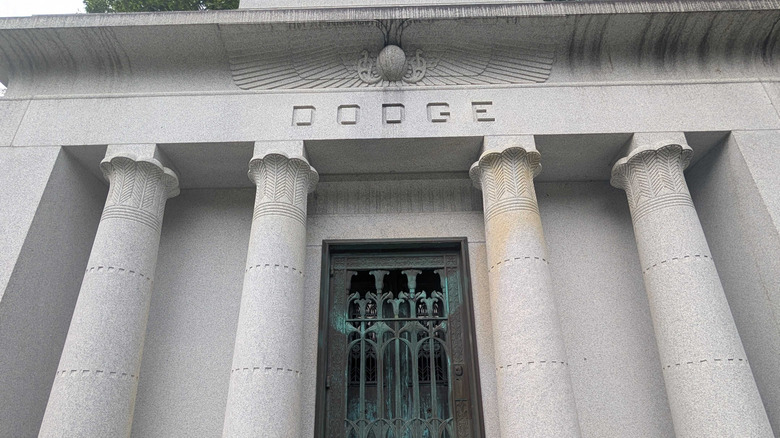 The front of the Dodge mausoleum in Woodlawn cemetery in Detroit