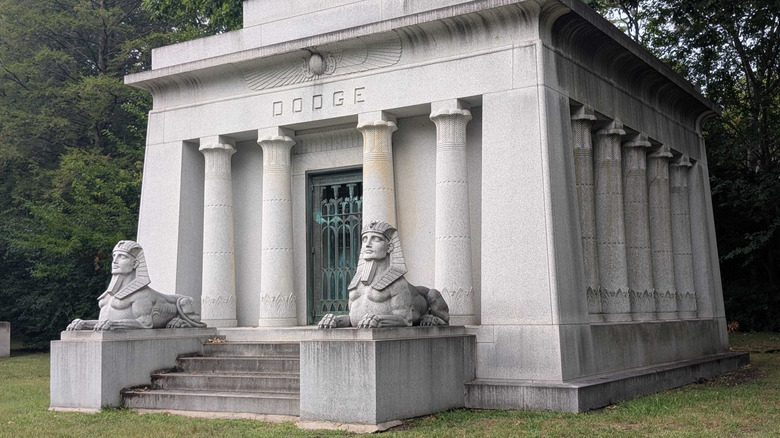 The front of the Dodge mausoleum in Woodlawn cemetery in Detroit