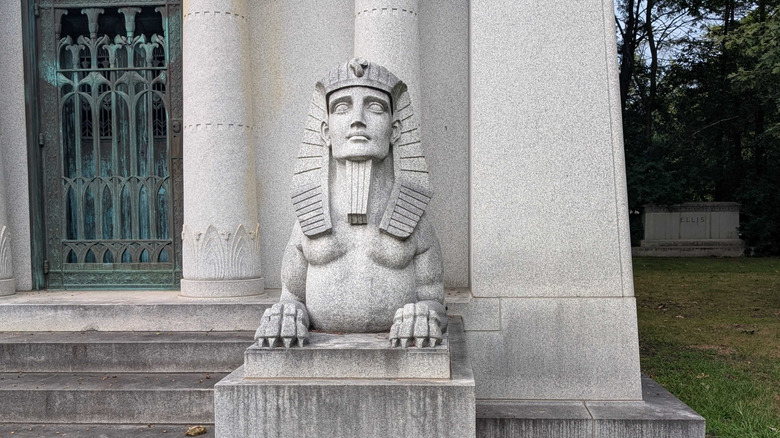 The weirdly hot sphinx in front of the Dodge Brothers mausoleum in Woodlawn cemetery in Detroit