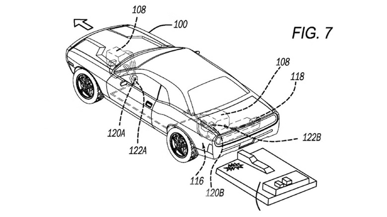Patent drawing of a Dodge Challenger with an ejected battery pack left behind it
