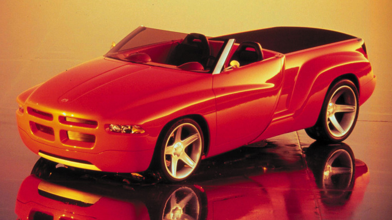 A front corner view of a red 1997 Dodge Sidewinder concept truck