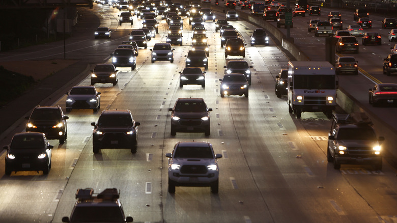 The traffic flow on Interstate 105 during the evening rush hour